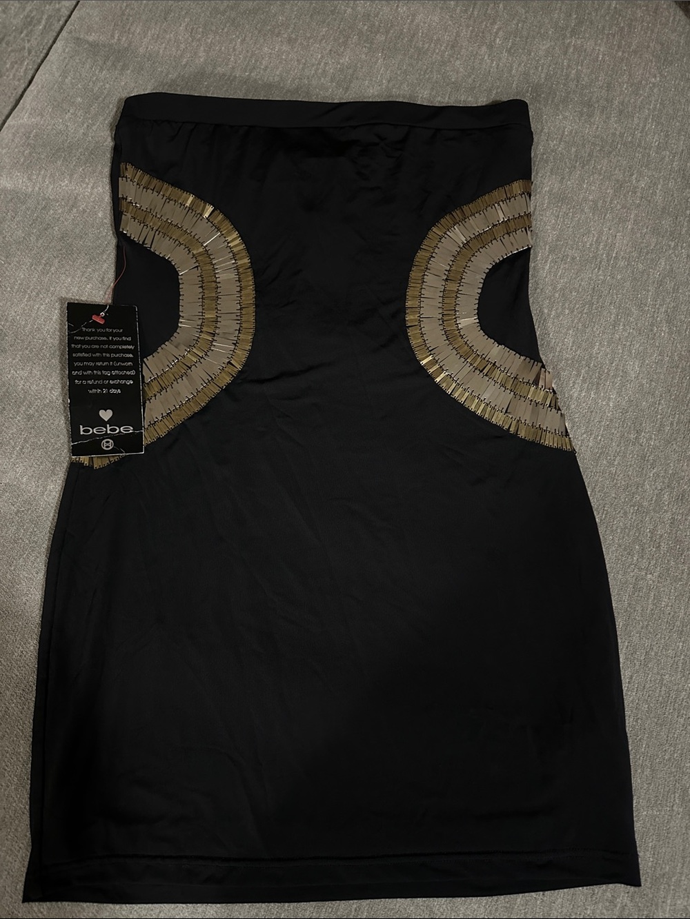 bebe Black Strapless Dress with Gold Beaded Accents